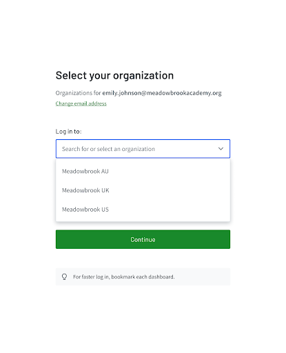 The Log in to: dropdown showing three organizations